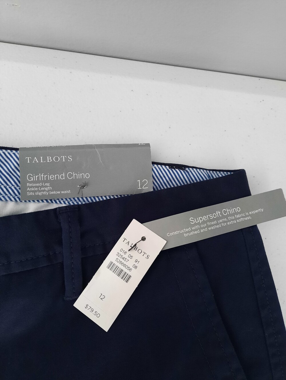 Talbots Solid Navy Blue Stretch Cotton Mid Rise Girlfriend Chino Pants size 12 - Picture 5 of 14